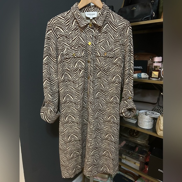 Elizabeth McKay New York Brown Cream Zebra Stripe Button Down Shirt Dress Size 8 - Picture 5 of 8